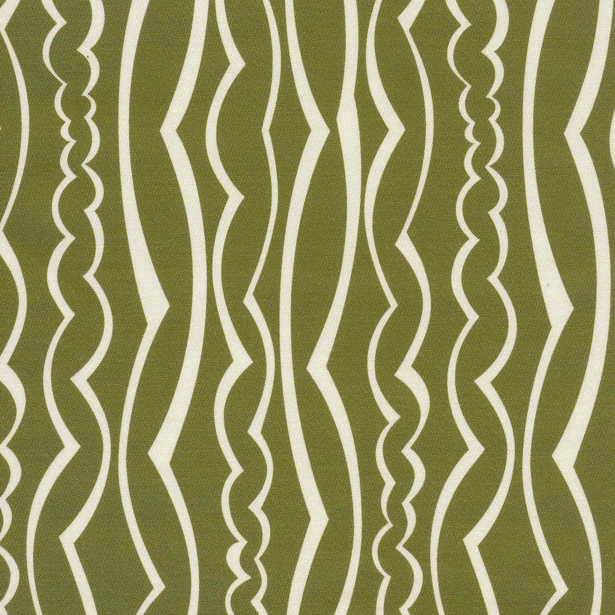 Olive green fabric with a repeating vertical wavy stripe pattern in cream.
