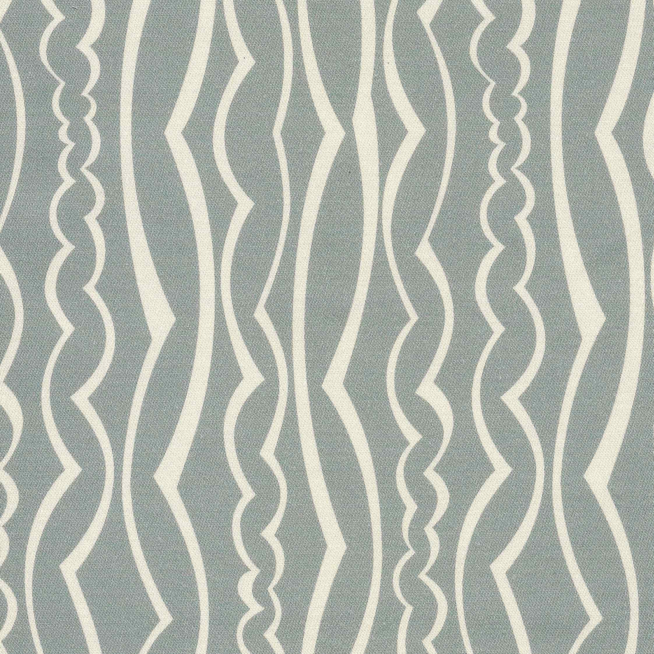 A close-up of a fabric pattern featuring vertical wavy stripes in off-white on a muted gray-blue background.