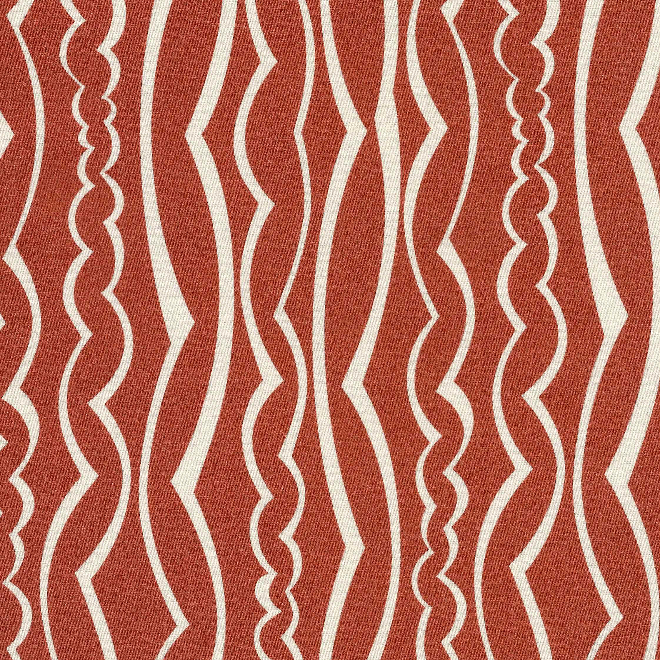 A close-up of a fabric pattern featuring vertical wavy stripes in terracotta red and cream.