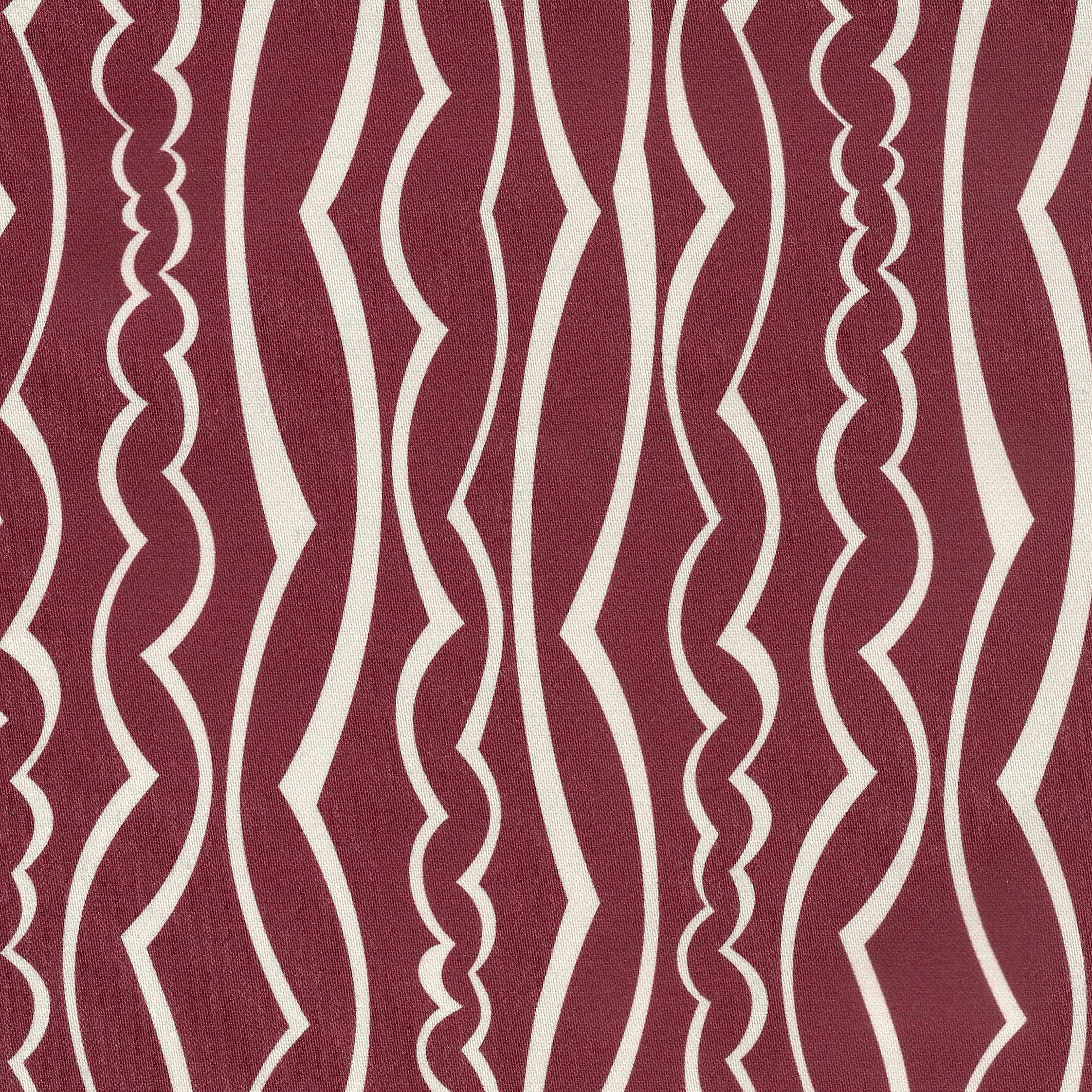 A close-up of a fabric pattern featuring vertical wavy stripes in deep burgundy and cream.