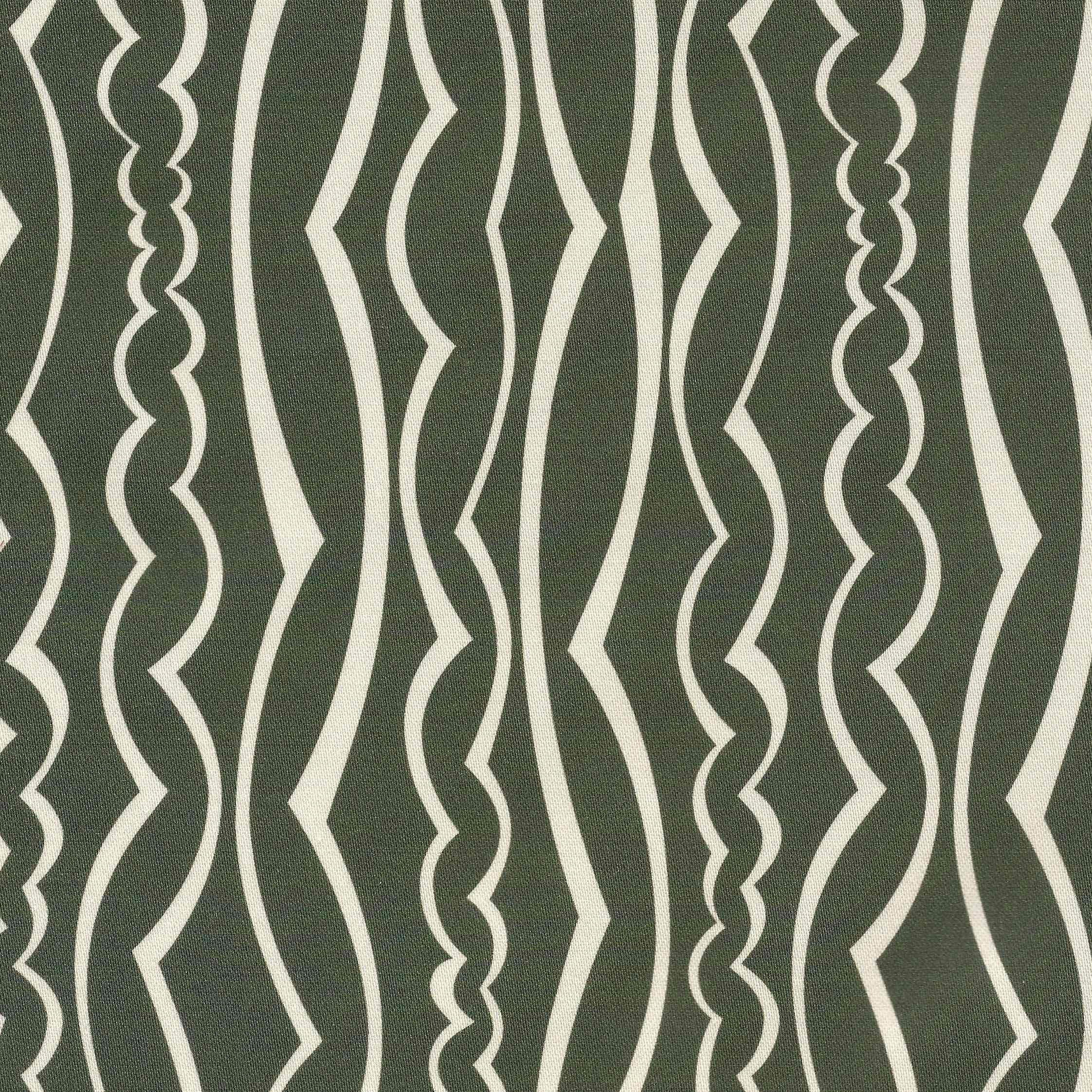 A close-up of a fabric pattern featuring vertical wavy stripes in dark olive green and off-white.
