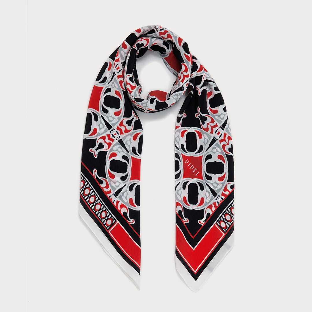 90x90 Black & White Silk Foulard Scarf with Red or Black 3mm border