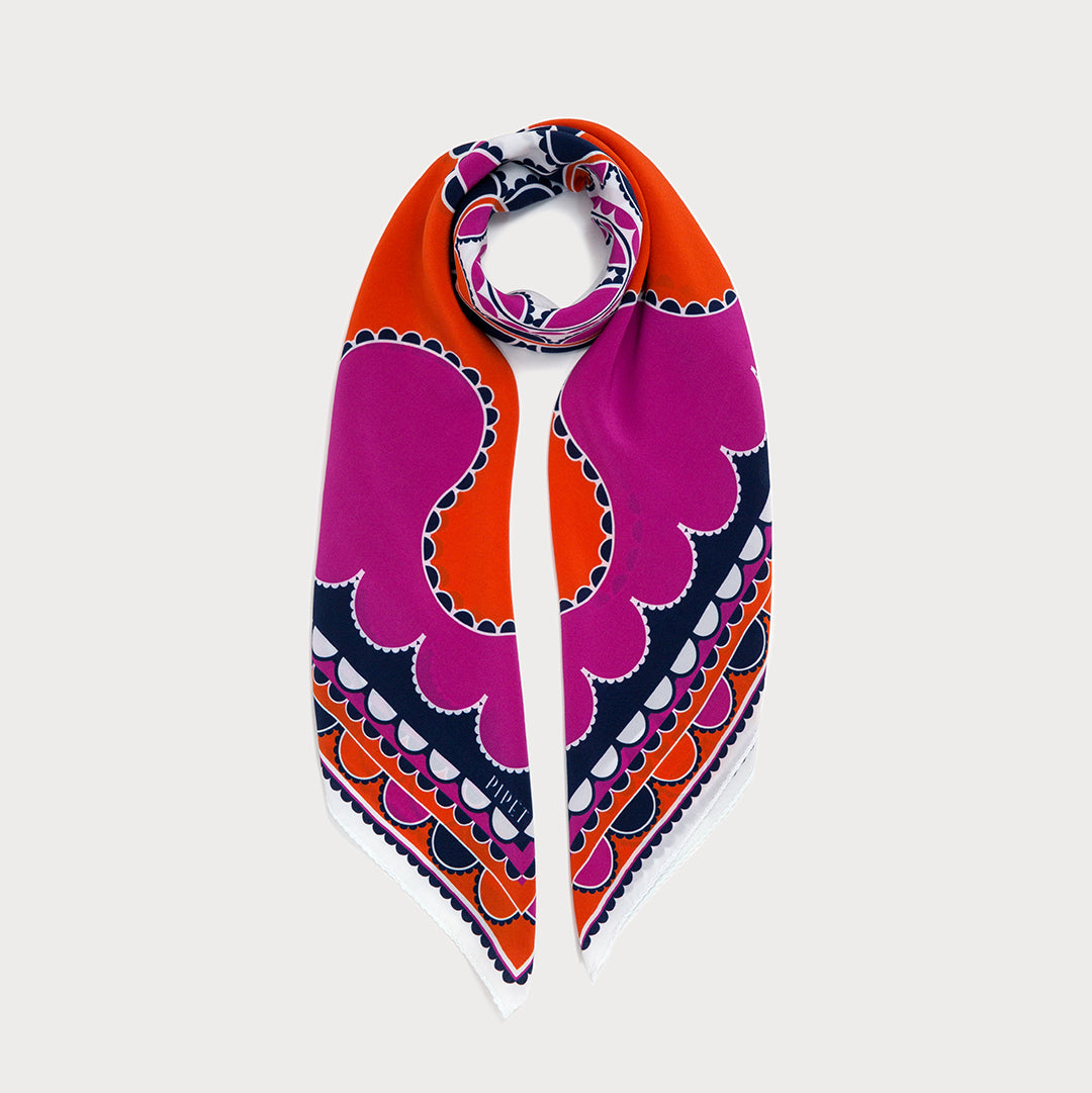 Barbican Square silk scarf in Orange and Pink