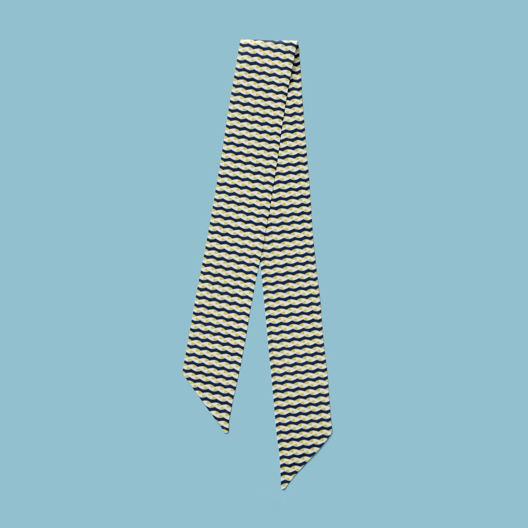 Twist mini scarf, navy and yellow printed silk